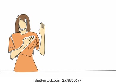 Continuous one line drawing woman in casual clothes posing oath gesture. Not looking for justification but indeed trustworthy. Sign. National Honesty Day. Single line draw design vector illustration