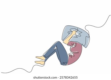 Continuous one line drawing woman lying curled up on the bed with head covered by pillow. Stress. Want to scream out loud. National Anxiety Screening Day. Single line draw design vector illustration