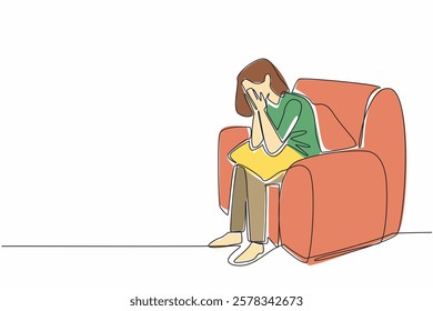 Continuous one line drawing woman sitting on a single sofa covering face with both palms. Receiving bad treatment. Stress. National Anxiety Screening Day. Single line draw design vector illustration