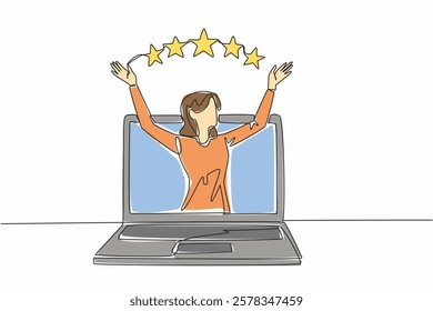 Continuous one line drawing a woman raised her hands and above them were 5 stars. Satisfactory grades make reputation rise. Excellent. Write a Review Day. Single line draw design vector illustration