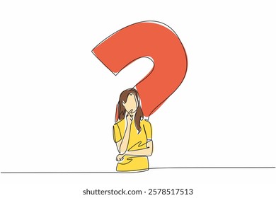 Continuous one line drawing woman with thinking gesture with big question mark background. Thinking out loud. Facing problems. National Day of Reason. Single line draw design vector illustration