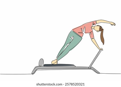 Continuous one line drawing woman posing on fitness equipment. Balance movement. Training leg and thigh muscles. Sweating on the weekend. Pilates Day. Single line draw design vector illustration