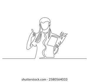 Continuous one line drawing of woman reading book . Single line drawing illustration of woman reading book . Person study by reading concept vector art. Doodle line illustration.
