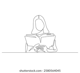 Continuous one line drawing of woman reading book . Single line drawing illustration of woman reading book . Person study by reading concept vector art. Doodle line illustration.
