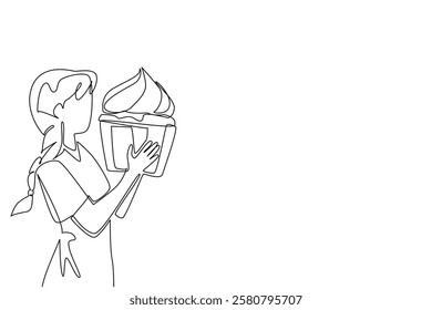 Continuous one line drawing a woman eating a large cupcake. The lover of sweet food with jumbo portions. Relieve stress by eating. National No Diet Day. Single line draw design vector illustration