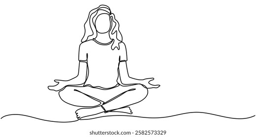 Continuous one line drawing of a woman practicing yoga on a mat, One continuous single drawing line art doodle symbol, sign, body, beautiful, trendy, energy, yoga, sport. Isolated flat illustration.