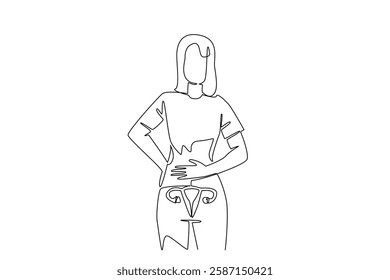 Continuous one line drawing a woman holds her stomach and waist. Pain that hopefully is not cancer. Get checked out soon. Healthy. World Ovarian Cancer Day. Single line draw design vector illustration