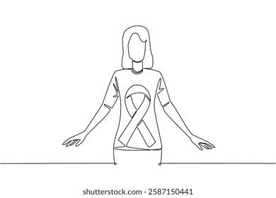 Continuous one line drawing woman standing with a campaign ribbon symbol on her body. An invitation to be more aware. Prevention. World Ovarian Cancer Day. Single line draw design vector illustration