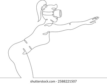 Continuous one line drawing woman in virtual reality. Girl in VR headset. High technology.
One continuous line isolated minimal illustration.Not AI.