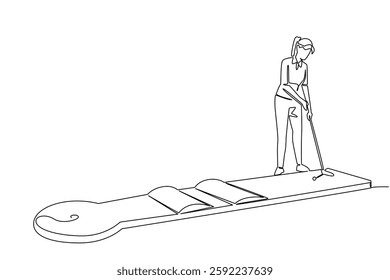 Continuous one line drawing a woman wants to hit the ball on a mini golf course. Light training before joining the championship. National Mini Golf Day. Single line draw design vector illustration