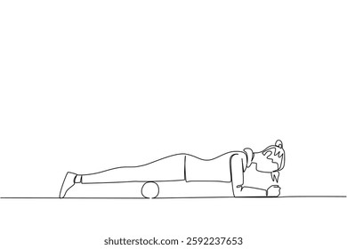 Continuous one line drawing a woman exercising using foam roller. Relieves pain from tension in the front thigh muscles. Health. National Foam Rolling Day. Single line draw design vector illustration