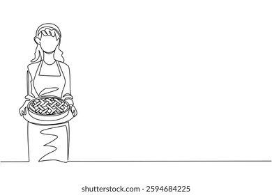 Continuous one line drawing a woman wearing an apron holding an apple pie on a round tray. Still warm. Eat immediately. Delicious. National Apple Pie Day. Single line draw design vector illustration