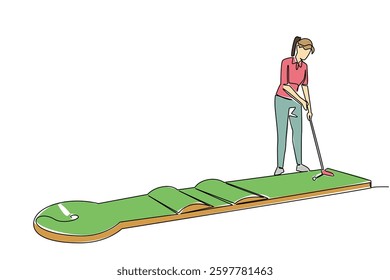 Continuous one line drawing a woman wants to hit the ball on a mini golf course. Light training before joining the championship. National Mini Golf Day. Single line draw design vector illustration