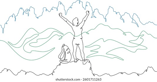 Continuous one line drawing woman on top of the mountain. Mountain panorama. Tourist with a backpack. Beautiful landscape.One continuous line isolated minimal illustration.Not AI.
