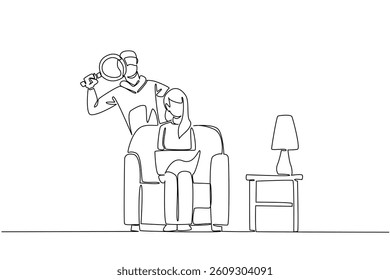 Continuous one line drawing woman sitting on sofa holds laptop and thief using magnifier. Secretly observing and hack. National Senior Fraud Awareness Day. Single line draw design vector illustration