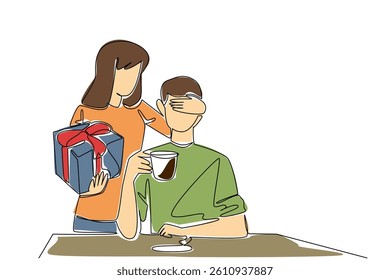 Continuous one line drawing a woman standing behind man covering eyes of the man who sitting enjoying coffee. Small gift with big thoughtfulness. Surprise. Single line draw design vector illustration