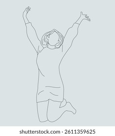 Continuous one line drawing. woman jumping.Happy surprised woman in jeans jumping