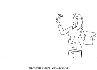 Continuous one line drawing a woman holding a book and the other hand holding a mushroom. Classifying by type. Observing. National Mushroom Hunting Day. Single line draw design vector illustration