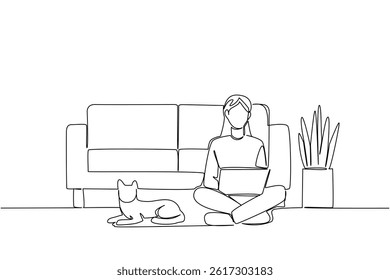 Continuous one line drawing woman sitting cross legged on floor with laptop on lap and cat lying down. Architect. Designing. National Work From Home Day. Single line draw design vector illustration