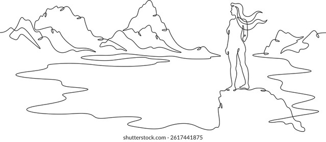 Continuous one line drawing woman on the shore of a mountain lake. Lake at the foot of high mountains. Mountain landscape.
One continuous line isolated minimal illustration.Not AI.