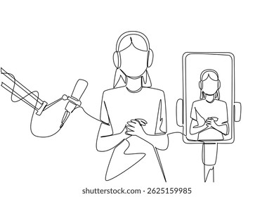 Continuous one line drawing a woman using headphones and a mic broadcasts with a smartphone. Online broadcast via smartphone app. National Streaming Day. Single line draw design vector illustration