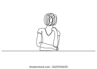 Continuous one line drawing of Woman with confused feelings. Single line drawing illustration of Work burnout and depression anxiety. Mental health concept vector art. Doodle line illustration.
