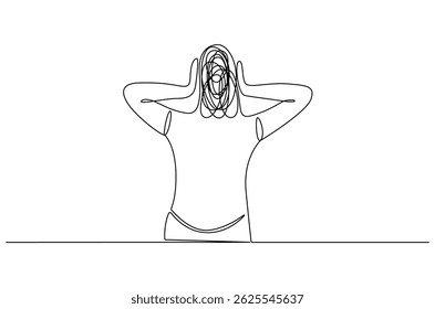 Continuous one line drawing of Woman with confused feelings. Single line drawing illustration of Work burnout and depression anxiety. Mental health concept vector art. Doodle line illustration.