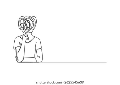 Continuous one line drawing of Woman with confused feelings. Single line drawing illustration of Work burnout and depression anxiety. Mental health concept vector art. Doodle line illustration.