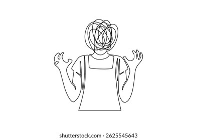 Continuous one line drawing of Woman with confused feelings. Single line drawing illustration of Work burnout and depression anxiety. Mental health concept vector art. Doodle line illustration.