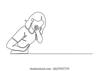 Desenho contínuo de uma linha de Mulher tocando sua barriga. Ilustração de desenho de linha única da mulher está com fome ou tendo menstruação. Dor de estômago conceito de arte vetorial. Ilustração de linha de doodle.