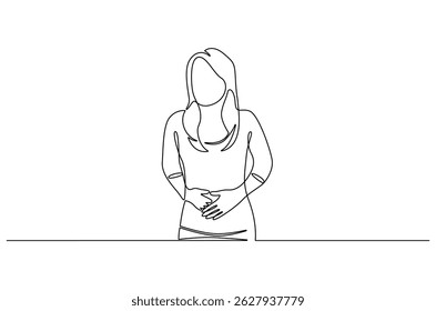 Desenho contínuo de uma linha de Mulher tocando sua barriga. Ilustração de desenho de linha única da mulher está com fome ou tendo menstruação. Dor de estômago conceito de arte vetorial. Ilustração de linha de doodle.
