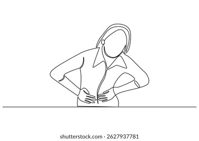 Desenho contínuo de uma linha de Mulher tocando sua barriga. Ilustração de desenho de linha única da mulher está com fome ou tendo menstruação. Dor de estômago conceito de arte vetorial. Ilustração de linha de doodle.