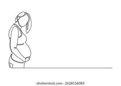 Continuous one line drawing of Woman pregnant. Single line drawing illustration of Beautiful pregnant woman hugging her tummy. Happy Pregnancy concept vector art. Doodle line illustration.