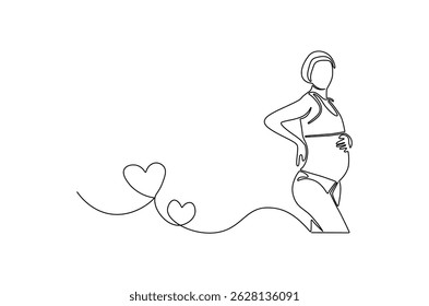 Continuous one line drawing of Woman pregnant. Single line drawing illustration of Beautiful pregnant woman hugging her tummy. Happy Pregnancy concept vector art. Doodle line illustration.