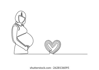 Continuous one line drawing of Woman pregnant. Single line drawing illustration of Beautiful pregnant woman hugging her tummy. Happy Pregnancy concept vector art. Doodle line illustration.
