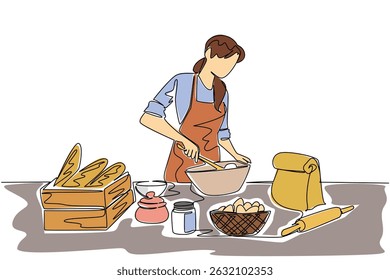 Uma linha contínua desenhando uma mulher está amassando a massa. Processando alimentos com mente e coração. Um hobby de culinária que traz dinheiro. Negócios. Dia Mundial da Panificação. Ilustração de vetor de design de desenho de linha única