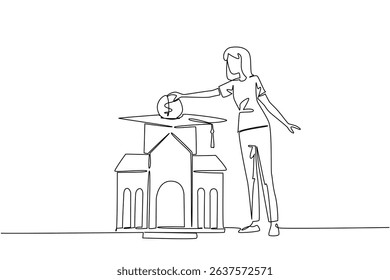 Continuous one line drawing a woman puts coins into a graduation cap and the campus building below. College fees. Financial education. College Savings Day. Single line draw design vector illustration