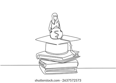 Continuous one line drawing a woman standing behind a graduation cap inserting coins into the graduation cap. Financial education. College Savings Day. Single line draw design vector illustration