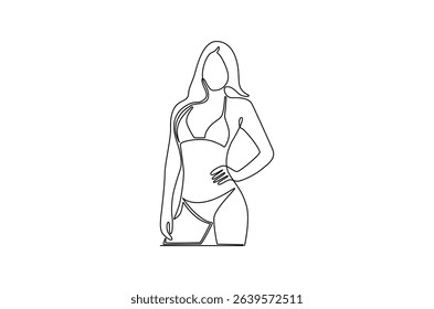 Continuous one line drawing of Woman with bikini for holiday. Single line drawing illustration of Beautiful woman with bikini. Summer vacation concept vector art. Doodle line illustration.