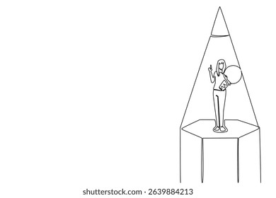 Continuous one line drawing a woman carry a lightbulb with gesture in middle of the tip of pencil. Solutions to adapt. Innovate. National Creativity Day. Single line draw design vector illustration