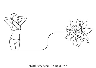 Continuous one line drawing of Woman bikini for holiday with Lotus flower. Single line drawing illustration of Woman with Lotus bikini. Summer vacation concept vector art. Doodle line illustration.