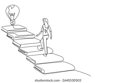 Continuous one line drawing a woman walks on stairs made of books and a lightbulb floating at the end. Stepping into genius. Idea. National Creativity Day. Single line draw design vector illustration