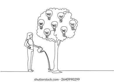 Continuous one line drawing a woman watering a leafy tree that bears light bulbs. Maintain positive thoughts. Fighting pessimism. National Creativity Day. Single line draw design vector illustration