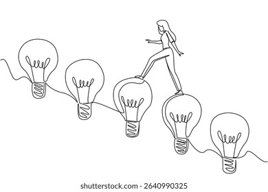 Continuous one line drawing a woman walks on lightbulbs arranged like stairs. Stepping slowly against laziness of thinking. Bright. National Creativity Day. Single line draw design vector illustration