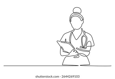 Continuous one line drawing woman doctor carry a stethoscope on her shoulder and a note. Single line draw design vector graphic illustration.