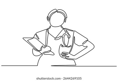 Continuous one line drawing woman doctor carry a stethoscope on her shoulder and a note. Single line draw design vector graphic illustration.