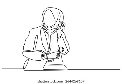 Continuous one line drawing woman doctor carry a stethoscope on her shoulder and a note. Single line draw design vector graphic illustration.