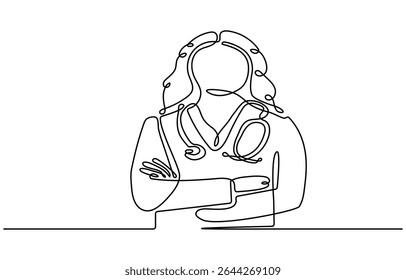 Continuous one line drawing woman doctor carry a stethoscope on her shoulder and a note. Single line draw design vector graphic illustration.