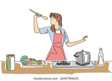 Continuous one line drawing woman wear apron and headphones cooking while singing holding a ladle. The cooking spirit is back again. National Sing Out Day. Single line draw design vector illustration