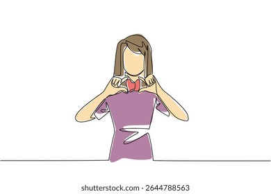 Uma linha contínua desenhando uma mulher em roupas casuais segura uma maquete de glândula tireoide com ambas as mãos. Sinais de uma glândula tireoide não saudável. Dia Mundial da Tireoide. Ilustração de vetor de design de desenho de linha única